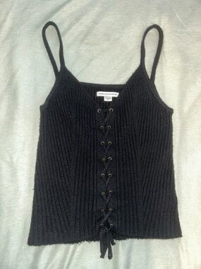 American Eagle Black Ribbed Lace-Up Knit Tank